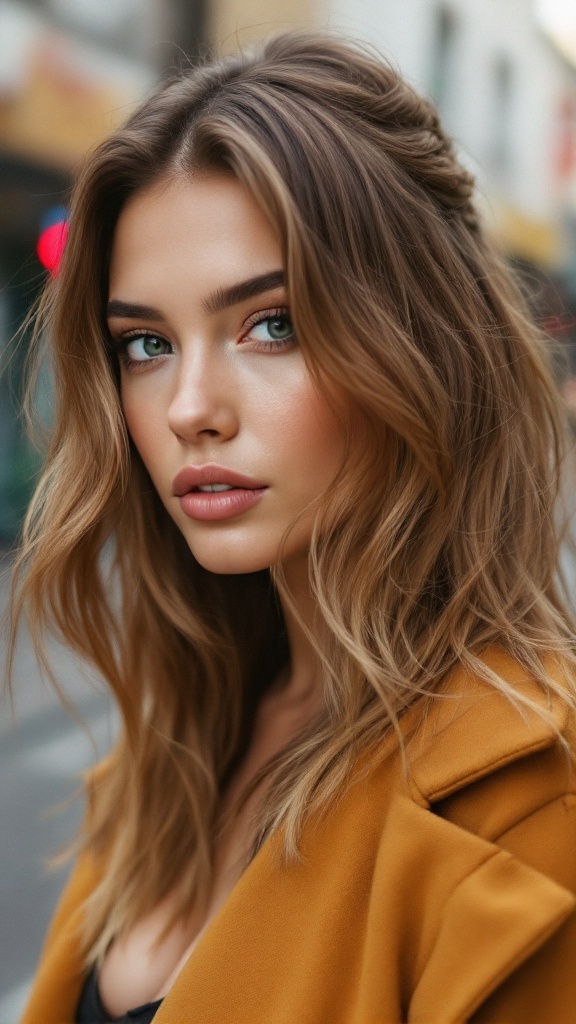 Woman with half up half down hairstyle, straight hair and an undercut, wearing a stylish coat.