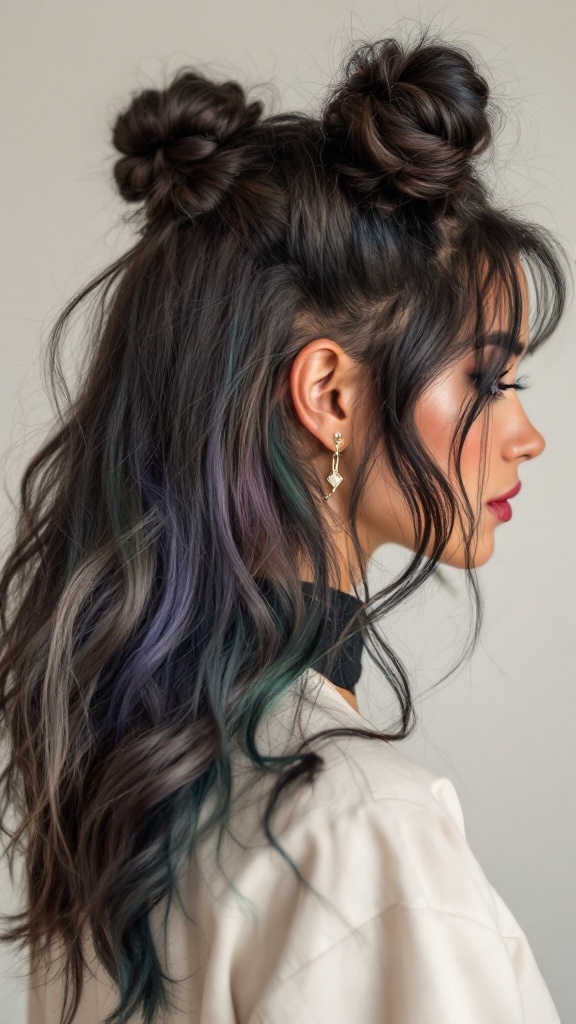 A stylish woman with half up space buns and colorful hair, showcasing an edgy hairstyle.