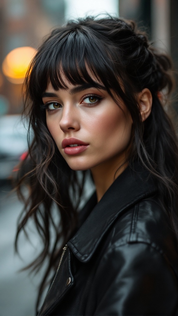 A woman with half up half down hair and bangs wearing a black leather jacket