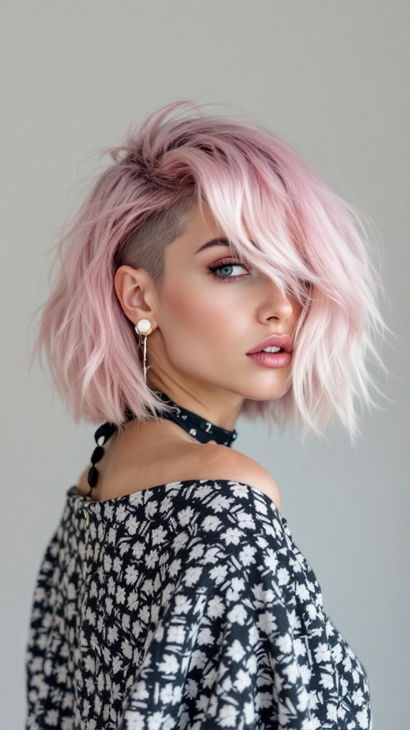 A woman with a pink messy bob hairstyle and undercut, wearing a floral patterned top.