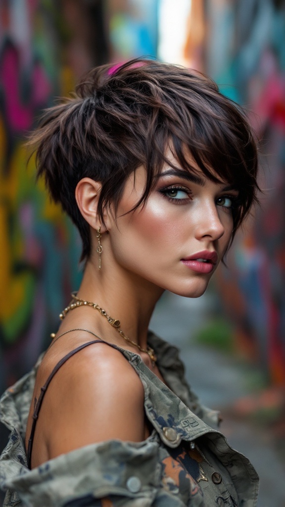 A woman with an edgy pixie cut stands confidently with colorful graffiti in the background.