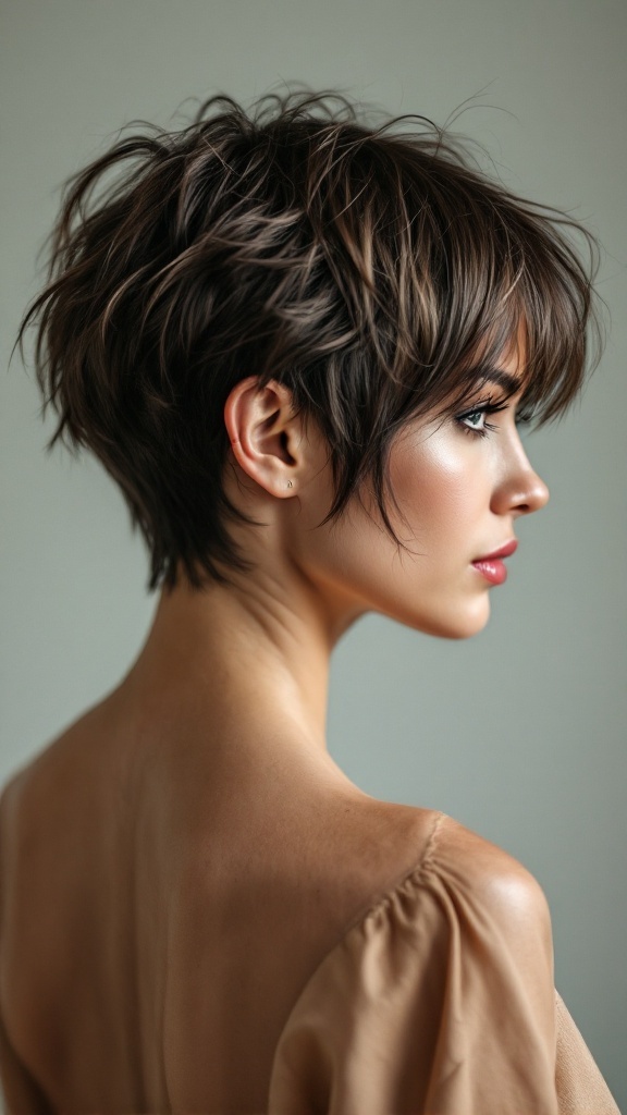A model showcasing an edgy pixie cut with a long fringe, highlighting textured layers and a chic appearance.