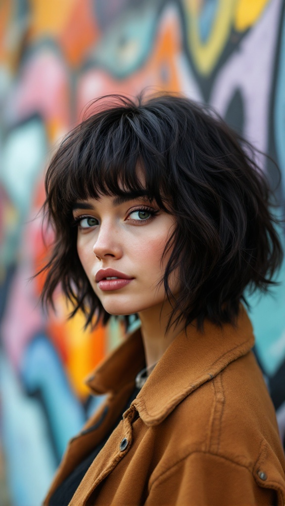 A woman with a medium length edgy textured haircut and choppy bangs, standing in front of a colorful mural.