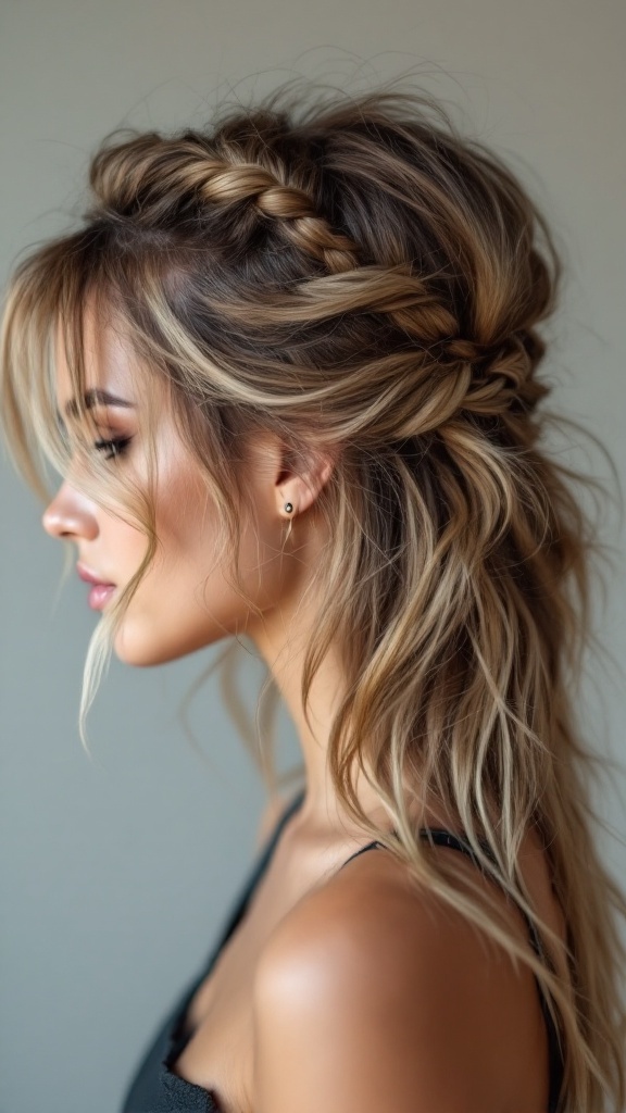 Edgy twisted half up half down hairstyle with messy texture