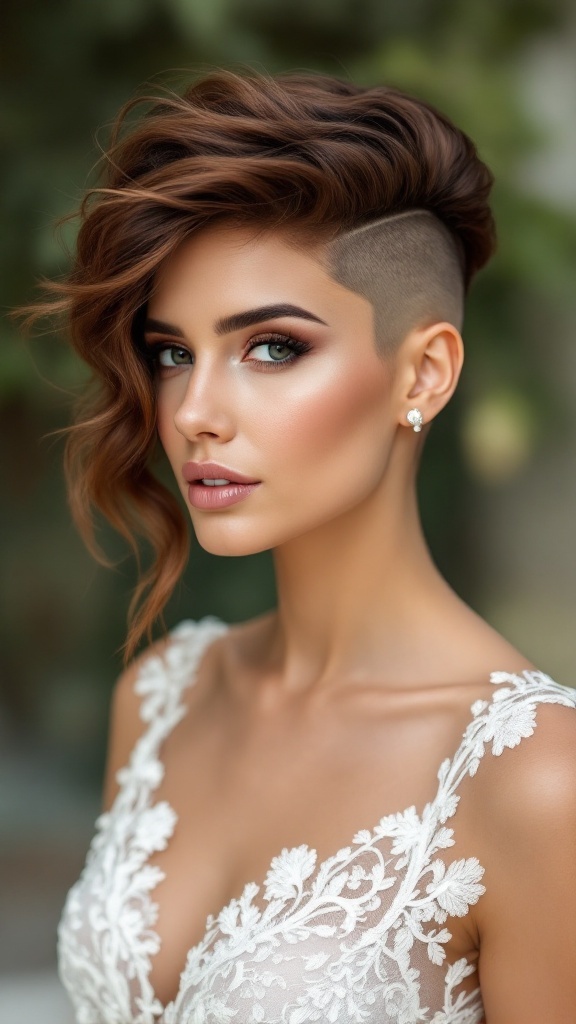 Bridal hairstyle featuring an edgy undercut with long wavy hair and elegant makeup