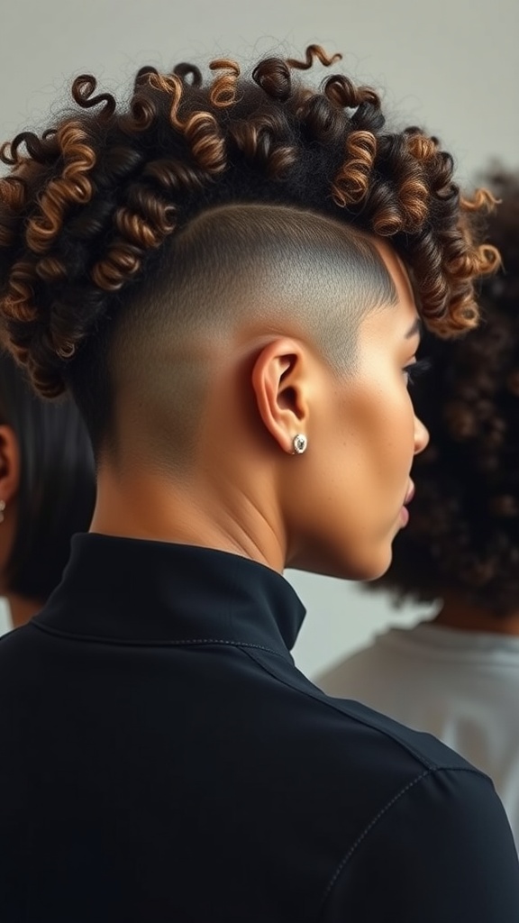 A person showcasing an edgy undercut hairstyle with curly hair on top, featuring closely shaved sides and defined curls.