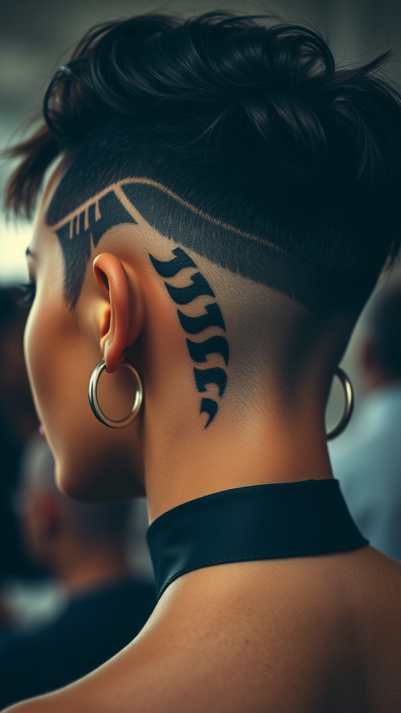 A close-up of a stylish edgy undercut with intricate designs shaved into the hair, showcasing a modern look.