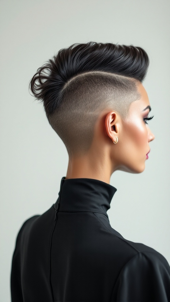 A stylish woman with a dramatic undercut hairstyle, featuring shaved sides and a gelled top, wearing a high neck dress.