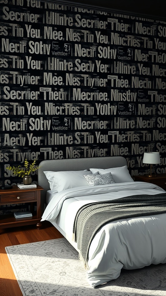 A modern bedroom featuring bold text wallpaper in black and cream tones, with a neatly made bed and minimalistic decor.