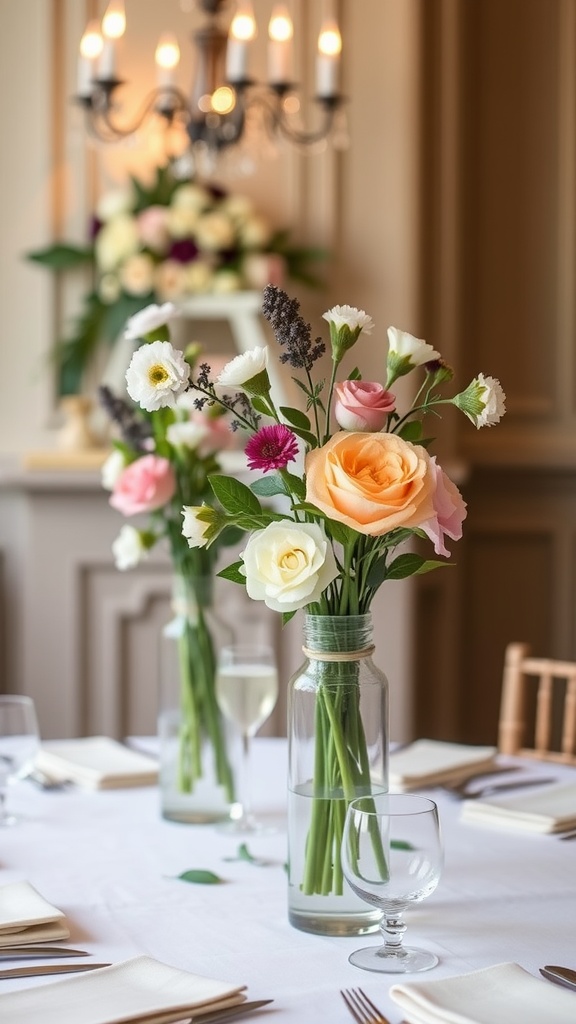 Beautiful arrangements of edible flowers in glass vases on a dining table
