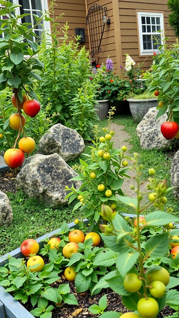 A vibrant garden featuring apple trees, colorful flowers, and rocks.