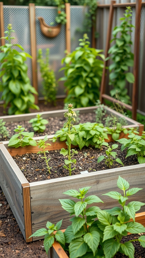 A raised herb garden with various herbs growing in wooden boxes.