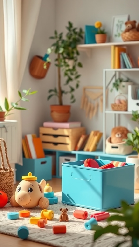 A colorful toddler playroom featuring educational toys and a cozy reading area.