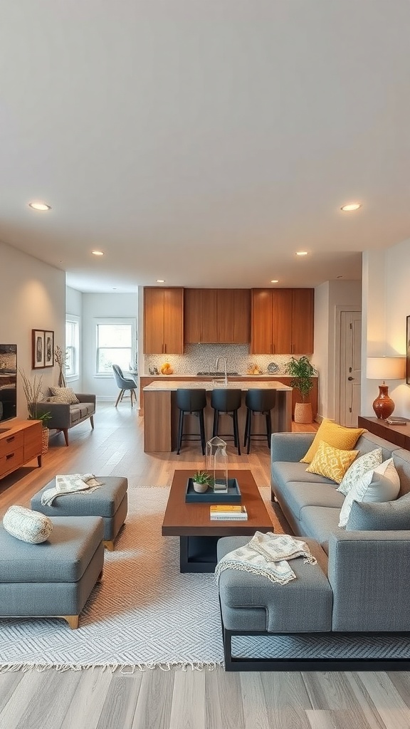 A modern open space living room and kitchen with a cozy seating area and bar seating.