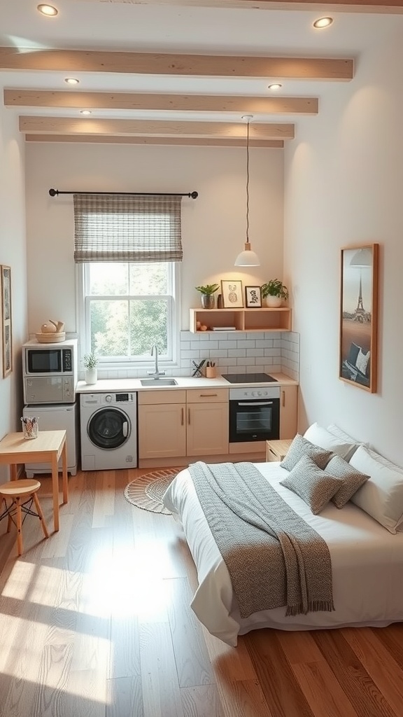 A cozy mini kitchen in a small living space, featuring a stove, sink, and dining area.