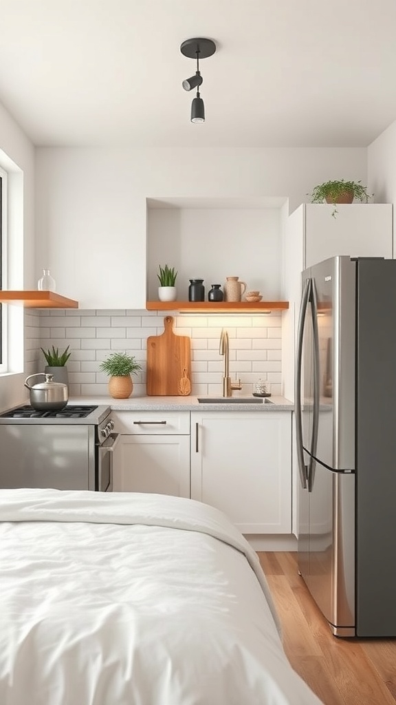 A small kitchen featuring efficient layout with modern appliances, open shelving, and plants.
