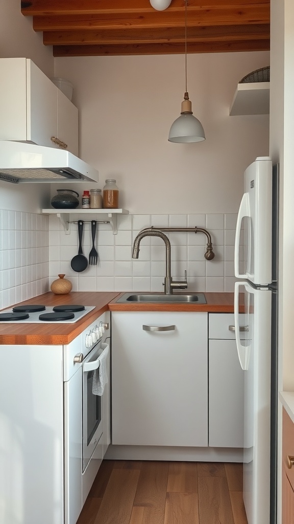 A compact kitchen layout with white cabinetry, wooden counter, and efficient space utilization.