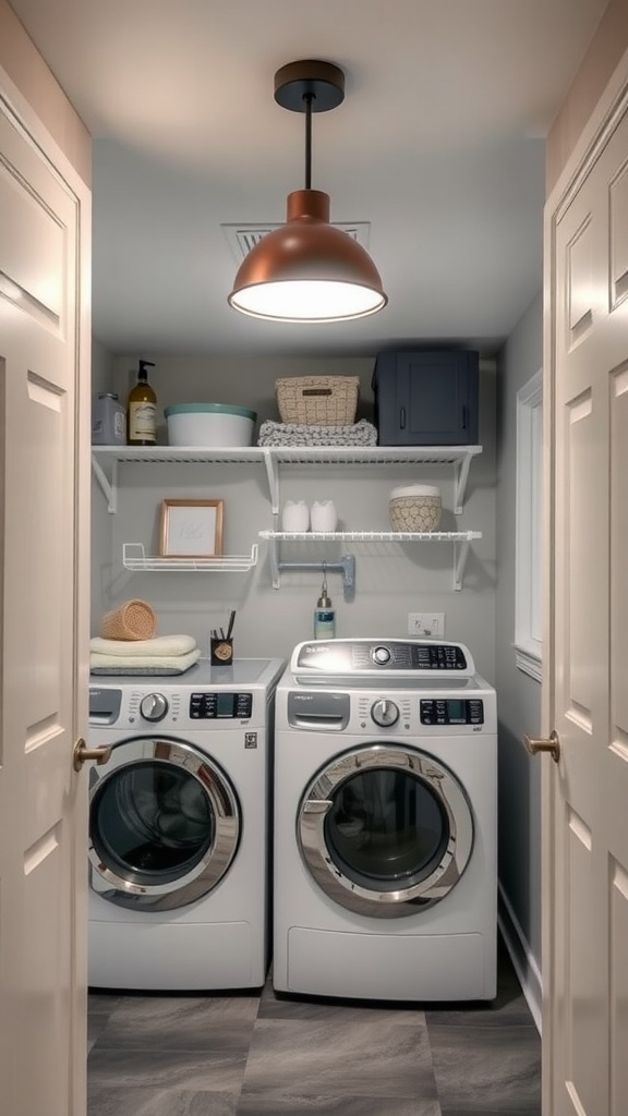A small laundry room hallway with modern appliances and efficient overhead lighting.
