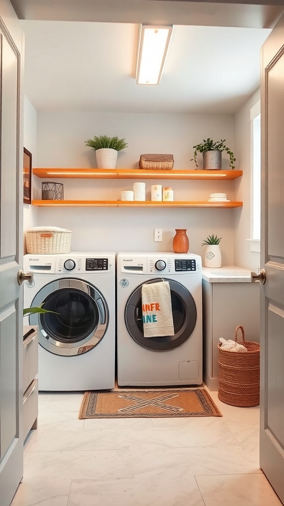 A small laundry room with bright lighting, featuring two washing machines, shelves, and decorative plants.