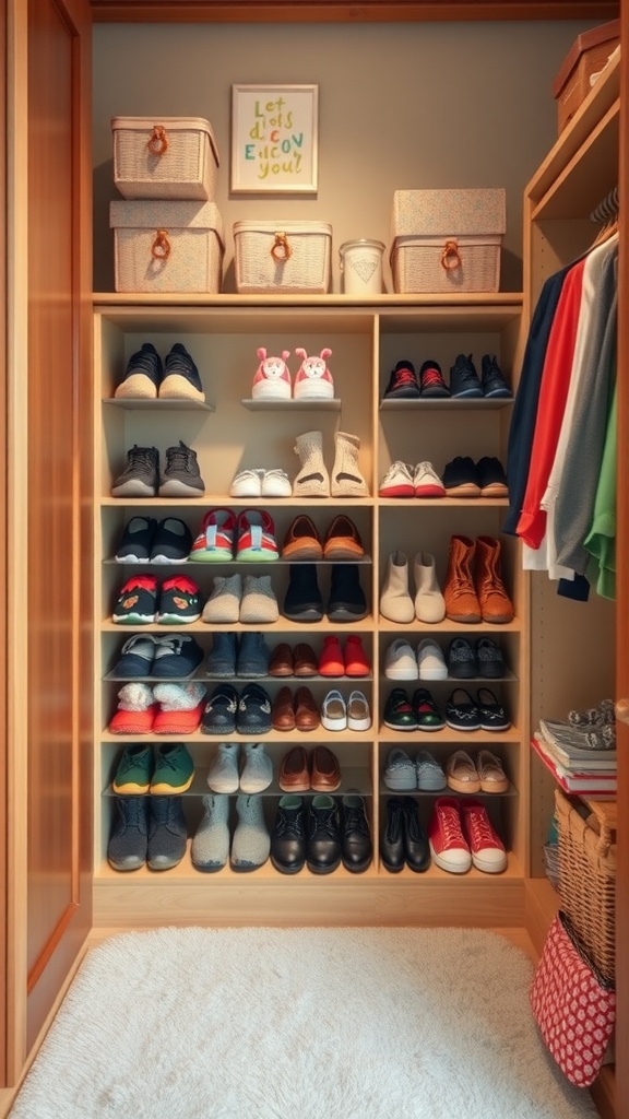 A neatly organized kids' closet with shoes lined up on shelves and storage baskets on top.
