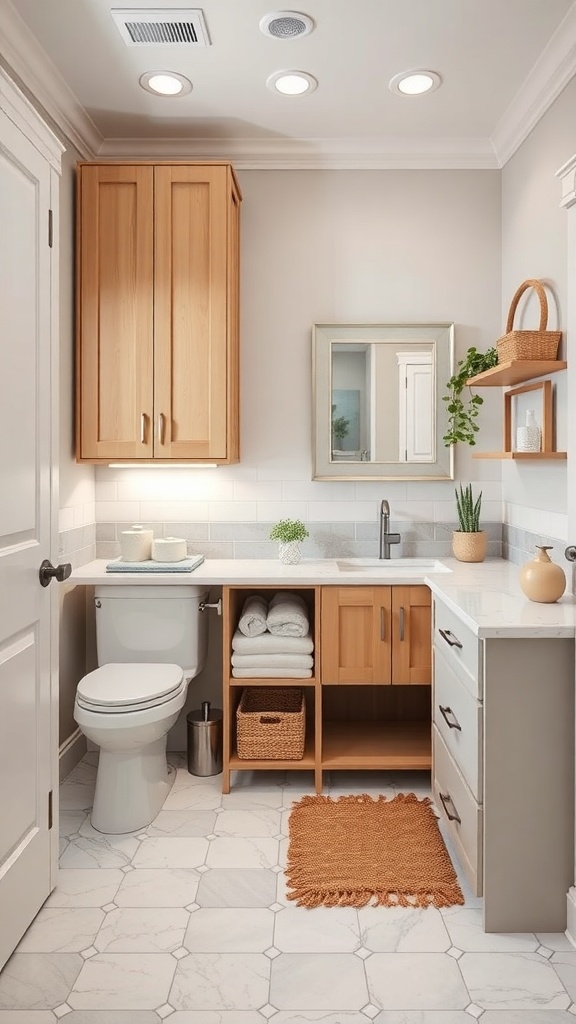 A well-organized Jack and Jill bathroom featuring wooden cabinets, open shelving, and a modern design.