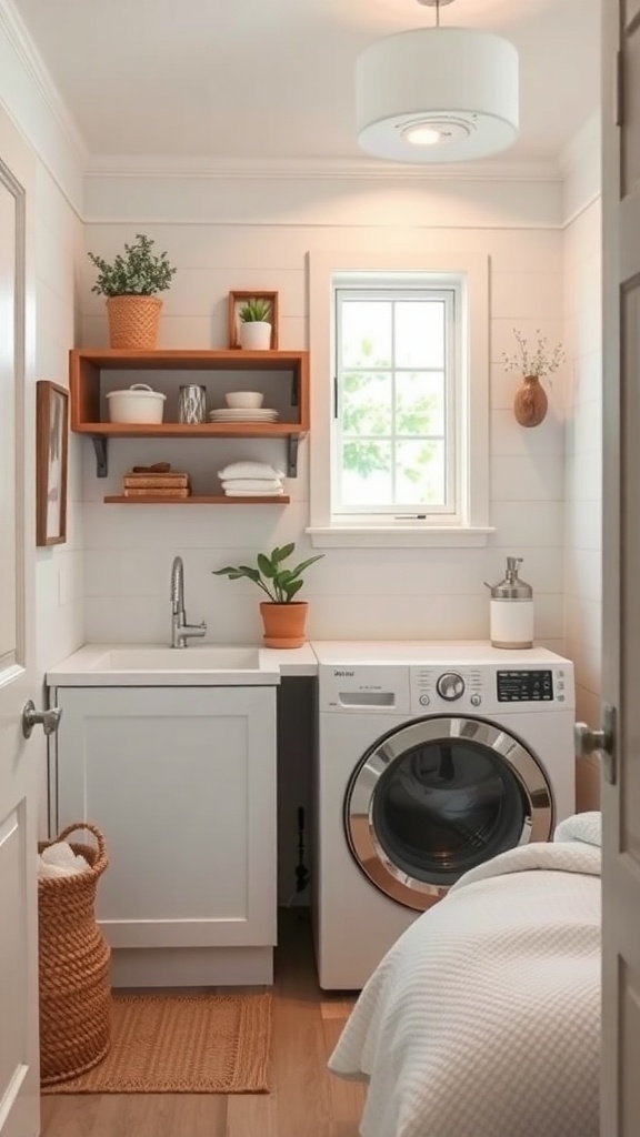 A small laundry room with a washer, dryer, countertop, and open shelving, featuring plants and decorative items.