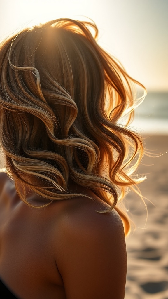 A woman with soft, wavy hair illuminated by sunlight at the beach.