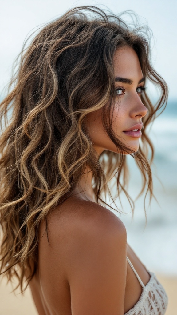 A woman with medium length hair styled in effortless beach waves, standing by the sea.