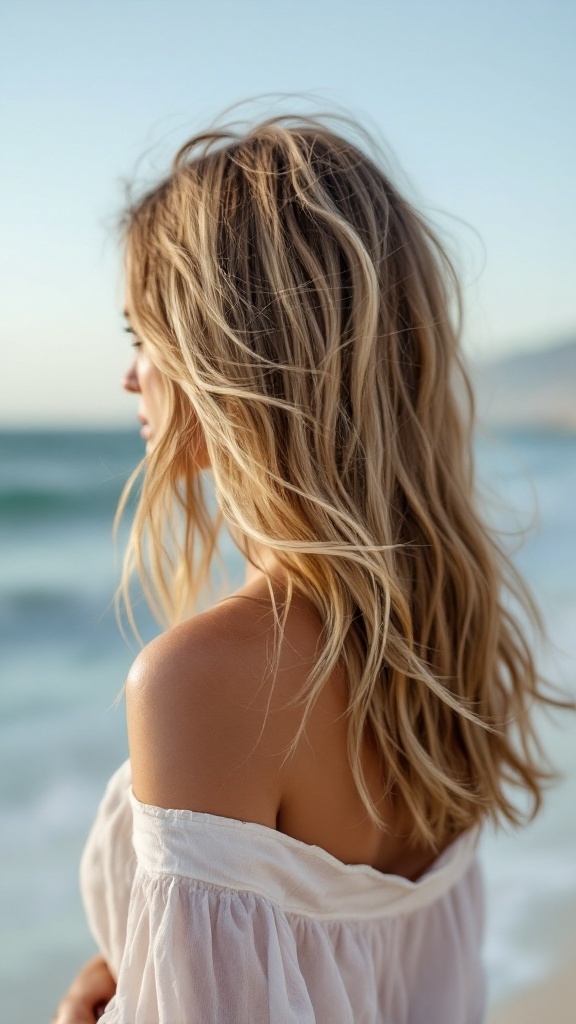A woman with wavy, sun-kissed hair overlooking the ocean