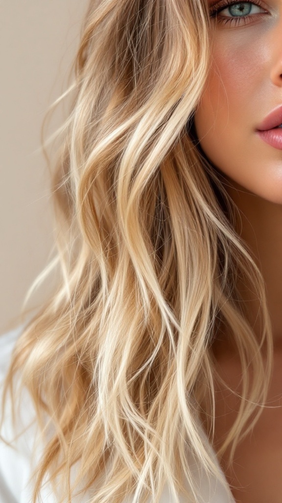 Close-up of medium-length hair styled in soft, beachy waves.