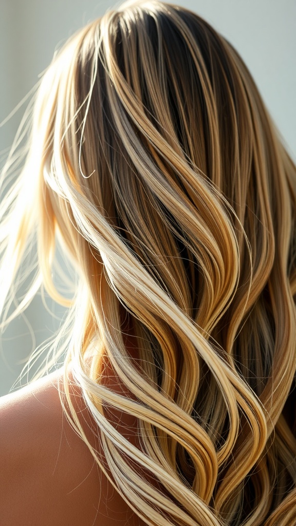 Image showcasing long, wavy hair with highlights, embodying a casual beachy hairstyle.