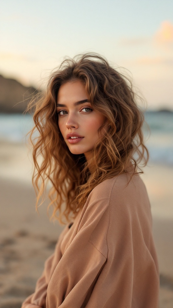 A woman with medium length curly hair styled in beachy waves, standing near the shore.