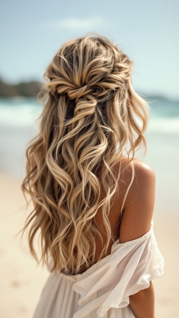 A woman with curly hair styled in beachy waves, standing on the beach with the ocean in the background.
