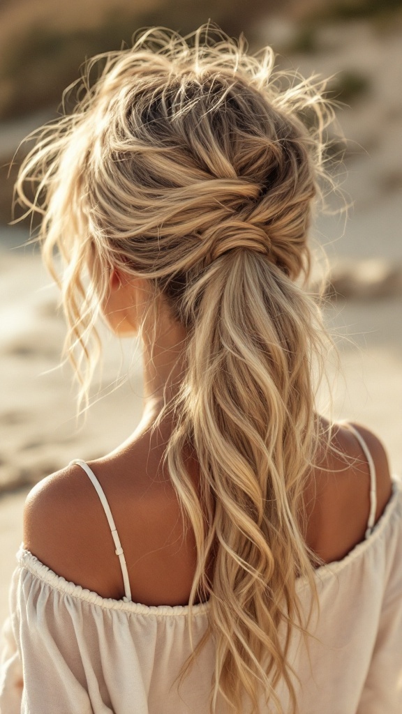 A woman with a messy ponytail styled in beachy waves, standing in a natural setting.