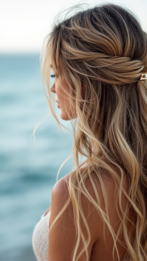 Woman with long hair styled in beachy waves, partially secured with a claw clip, by the ocean