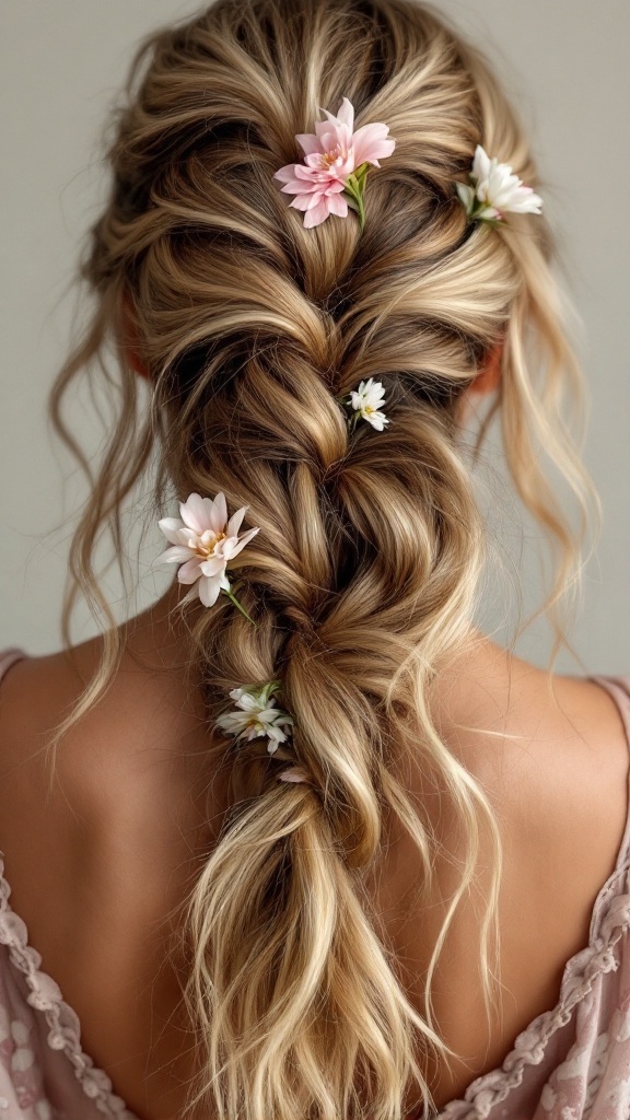 A woman with long, wavy hair styled in a loose braid with pink and white flowers.