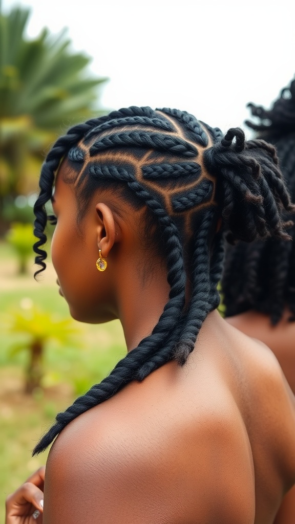 A close-up view of a woman's braided hairstyle, showcasing intricate braid patterns on natural hair.