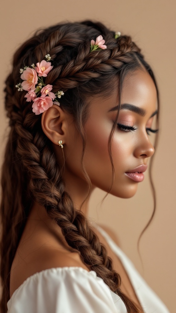 A woman with thick hair styled in an effortless braided crown, adorned with flowers.