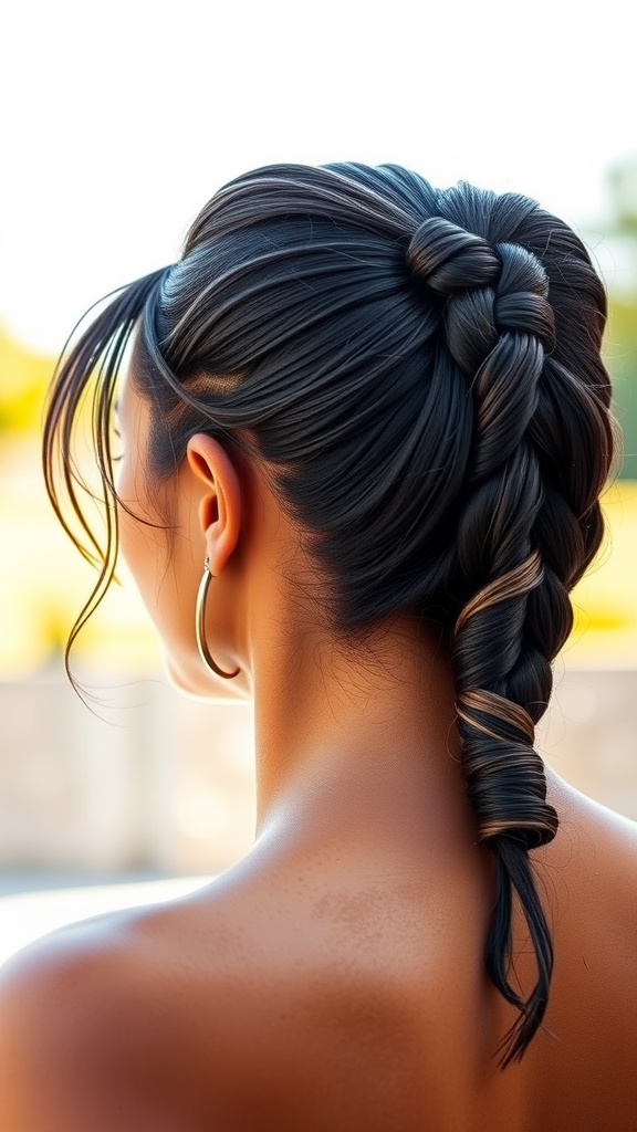 A close-up of a braided ponytail hairstyle.