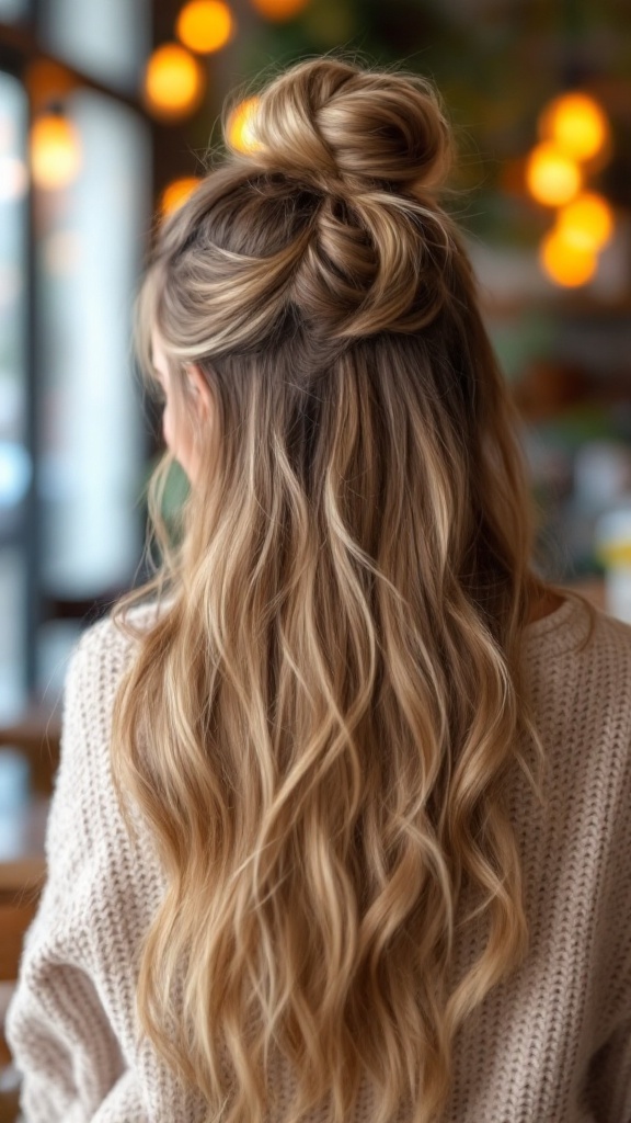 A woman with long wavy hair styled in a half up half down bun