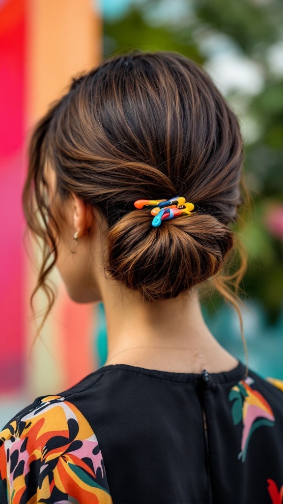A woman with a half-up bun hairstyle secured with a colorful claw clip, showcasing a casual and stylish look.
