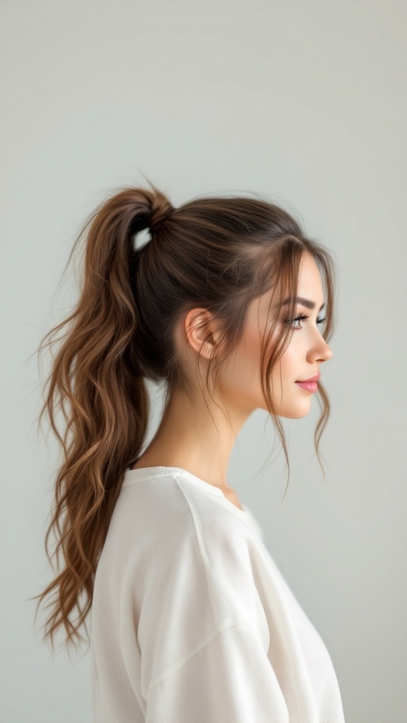 A woman with a half up half down ponytail, showcasing a relaxed hairstyle.