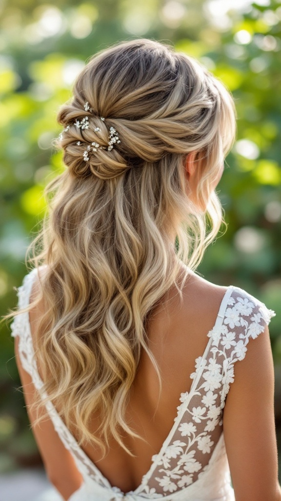 A bridesmaid hairstyle featuring loose waves and a half-up, half-down style with floral hair accessories.