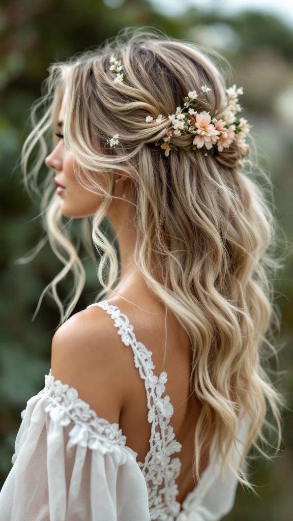 A woman with loose waves in her hair, adorned with floral accents, showcasing a boho wedding hairstyle.