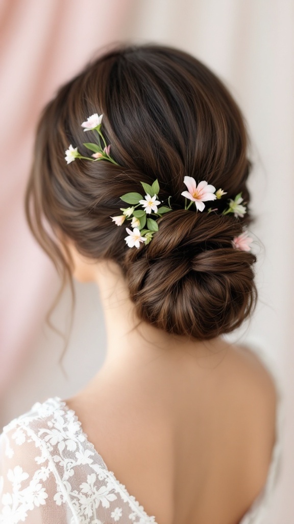 A low bun hairstyle adorned with small floral accents, showcasing elegance and simplicity.