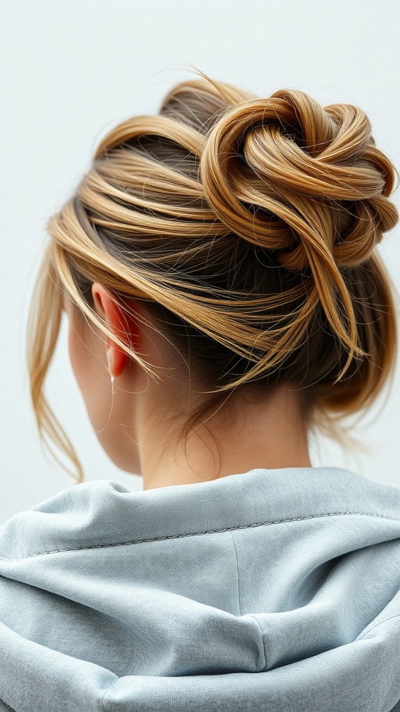 A close-up view of a messy bun hairstyle, showcasing loose strands and a relaxed look, paired with a gray hoodie.