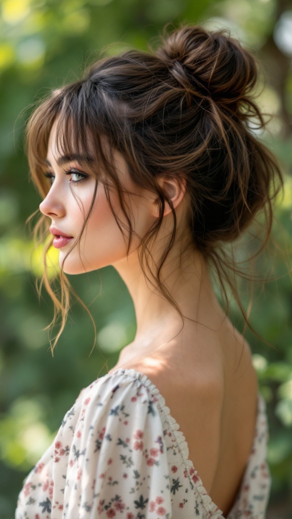 A woman with medium hair styled in an effortless messy bun, wearing a floral dress
