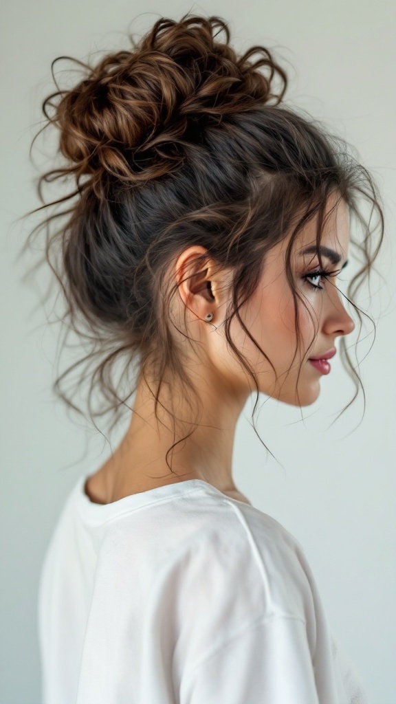 A woman with curly hair styled in a messy bun, showcasing a casual and stylish look.