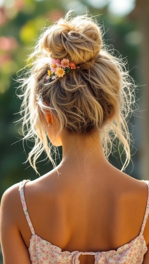 A woman with a messy bun hairstyle adorned with flowers, showcasing a boho vibe.