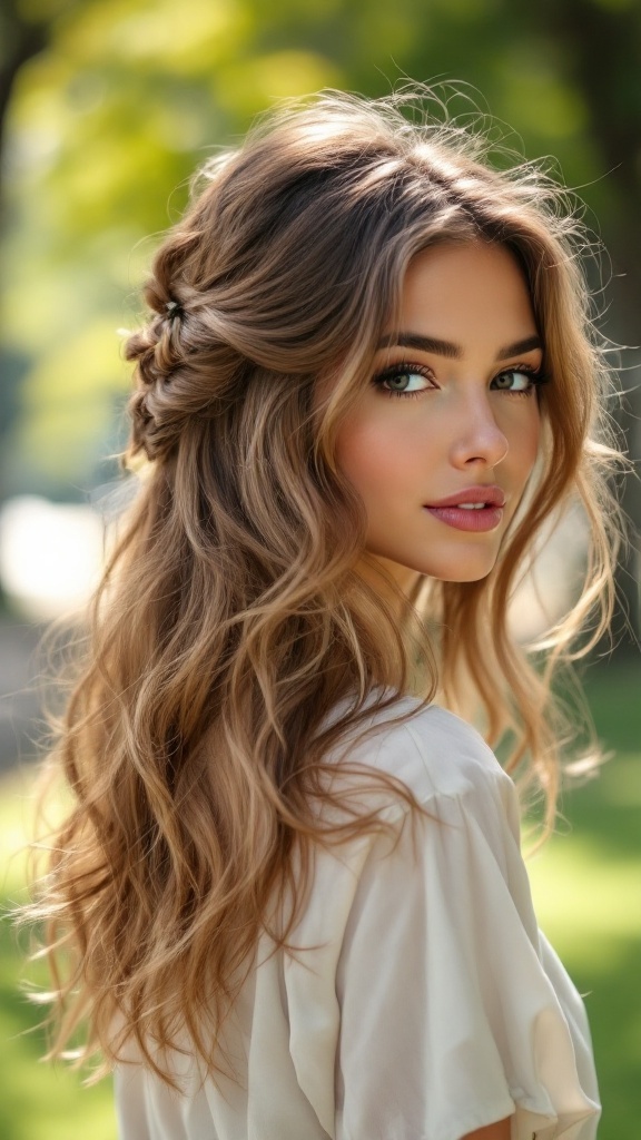 A woman with side-parted half up half down hair, featuring wavy locks, smiling outdoors.